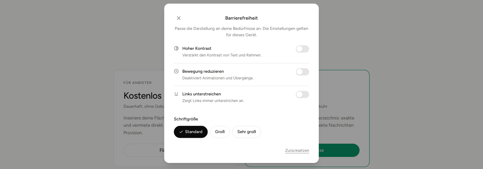 Das Barrierefreiheits-Menü mit den Schaltern für hohen Kontrast, reduzierte Bewegung und unterstrichene Links sowie der Auswahl der Schriftgröße