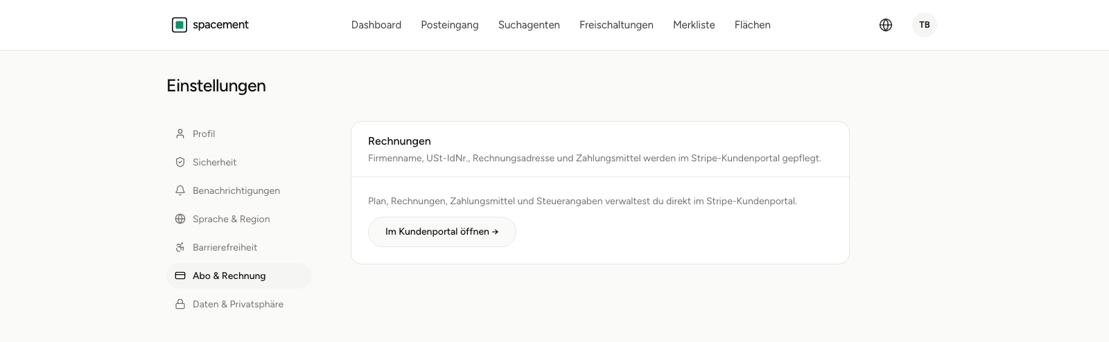 Die Abrechnungsseite in den Einstellungen mit dem Knopf, der ins Kundenportal führt