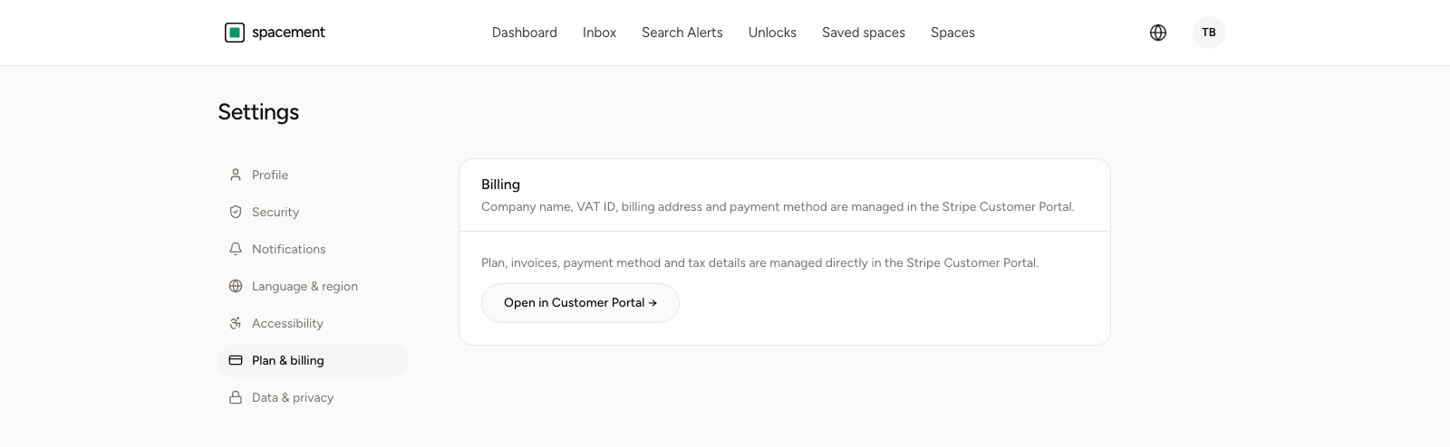 The billing page in settings with the button that leads into the customer portal