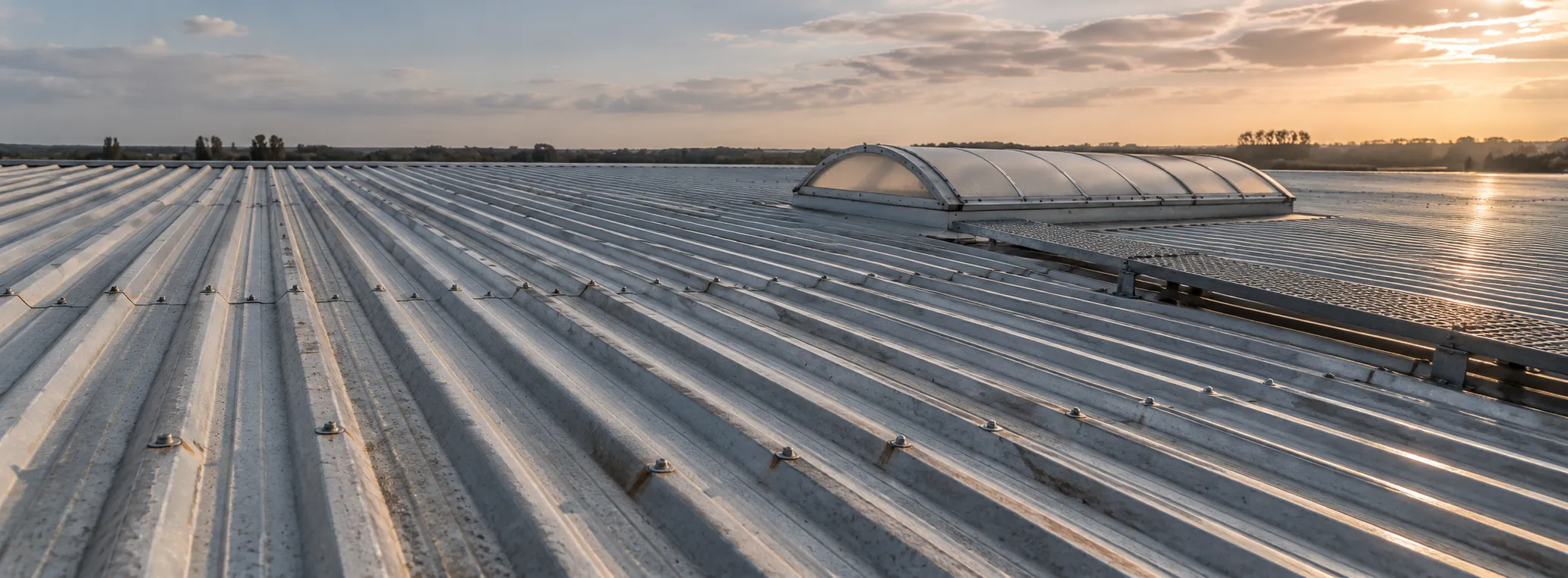 Empty warehouse roof of weathered corrugated metal with a rooflight and narrow maintenance walkway