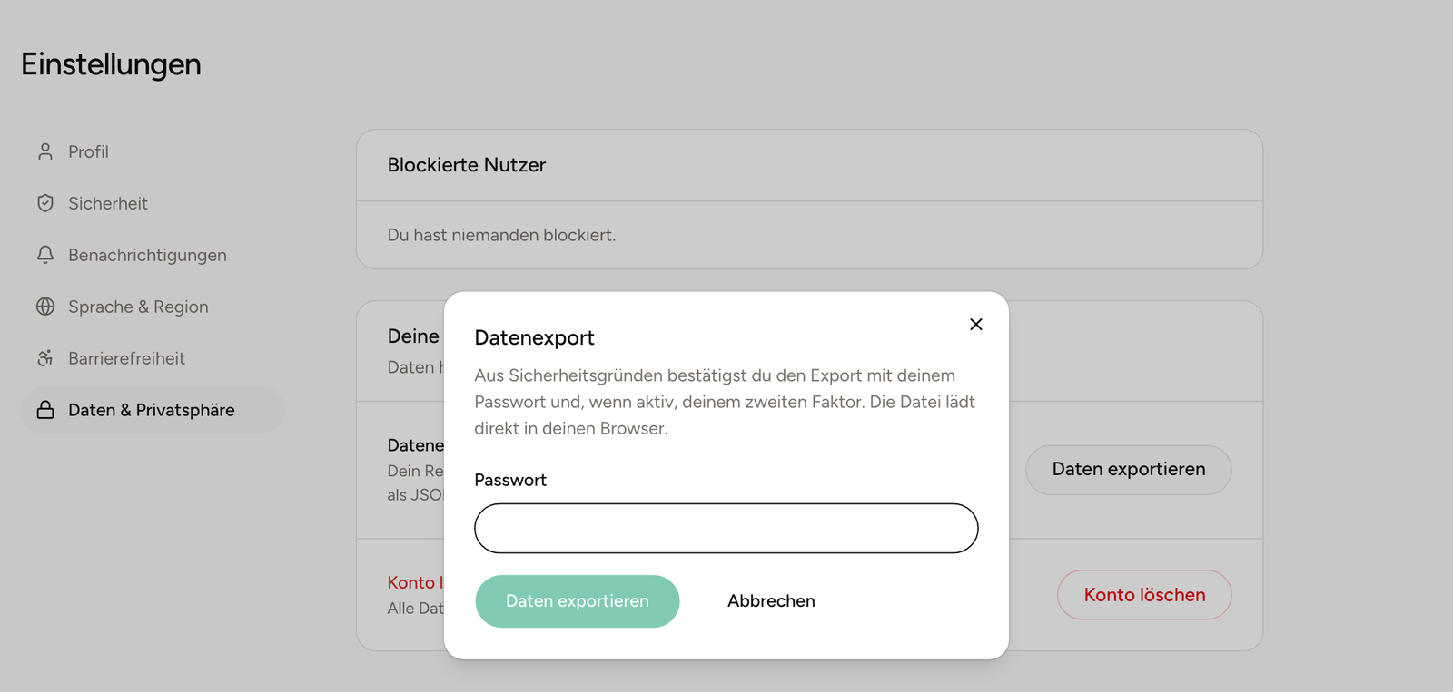 Der Dialog Datenexport fragt nach dem Passwort und lädt die Datei danach direkt herunter