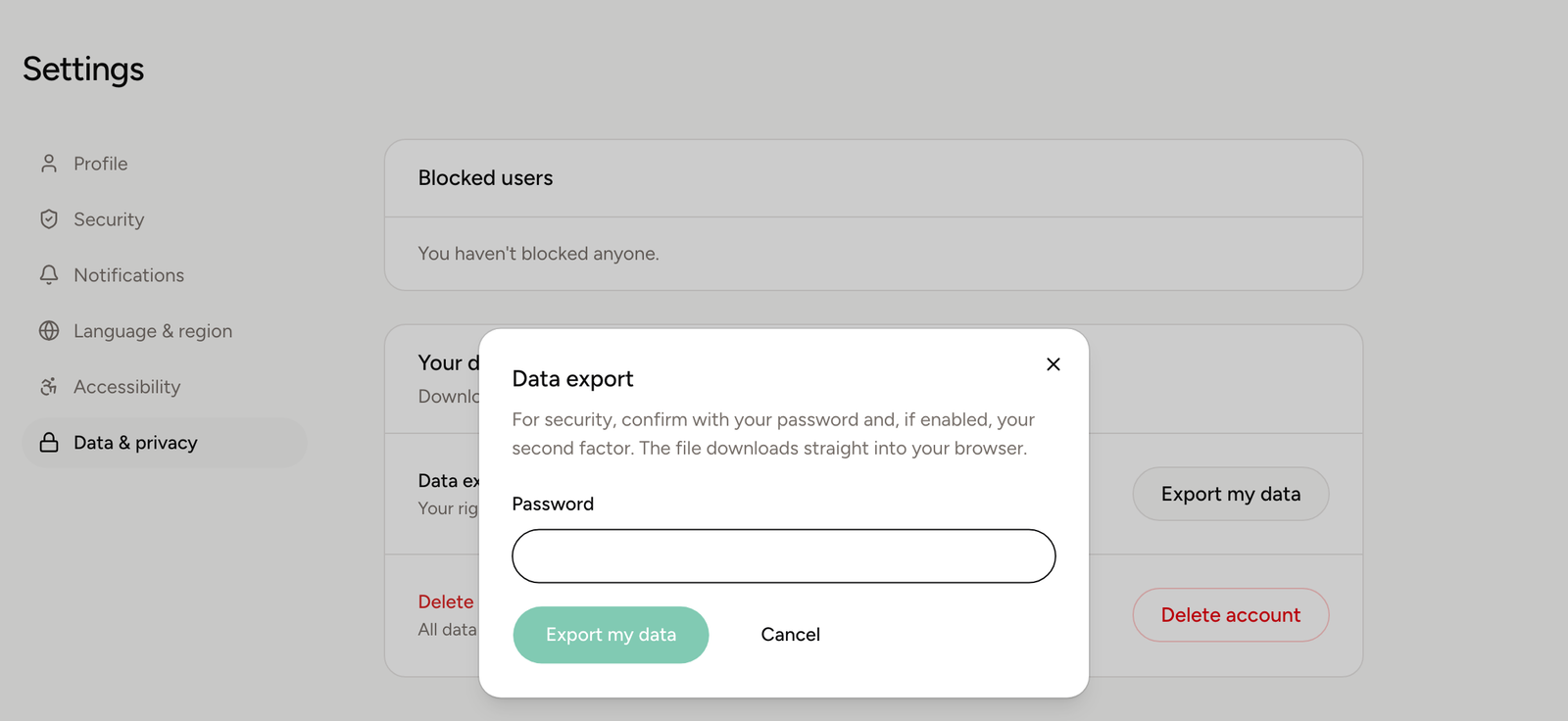The data export dialog asks for the password and then downloads the file directly