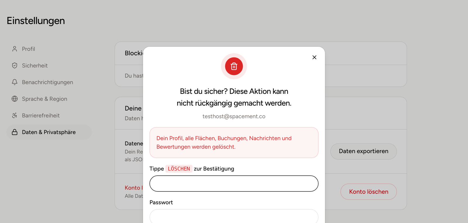 Der Bestätigungsdialog verlangt das getippte Wort LÖSCHEN und eine Bestätigung der Identität