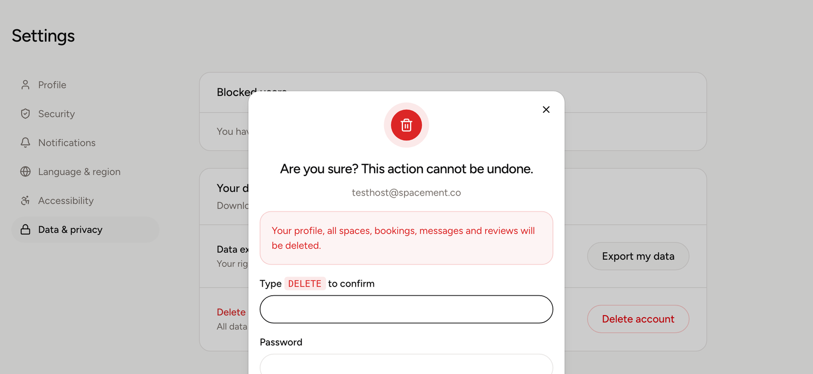 The confirmation dialog requires the typed word DELETE and a confirmation of identity