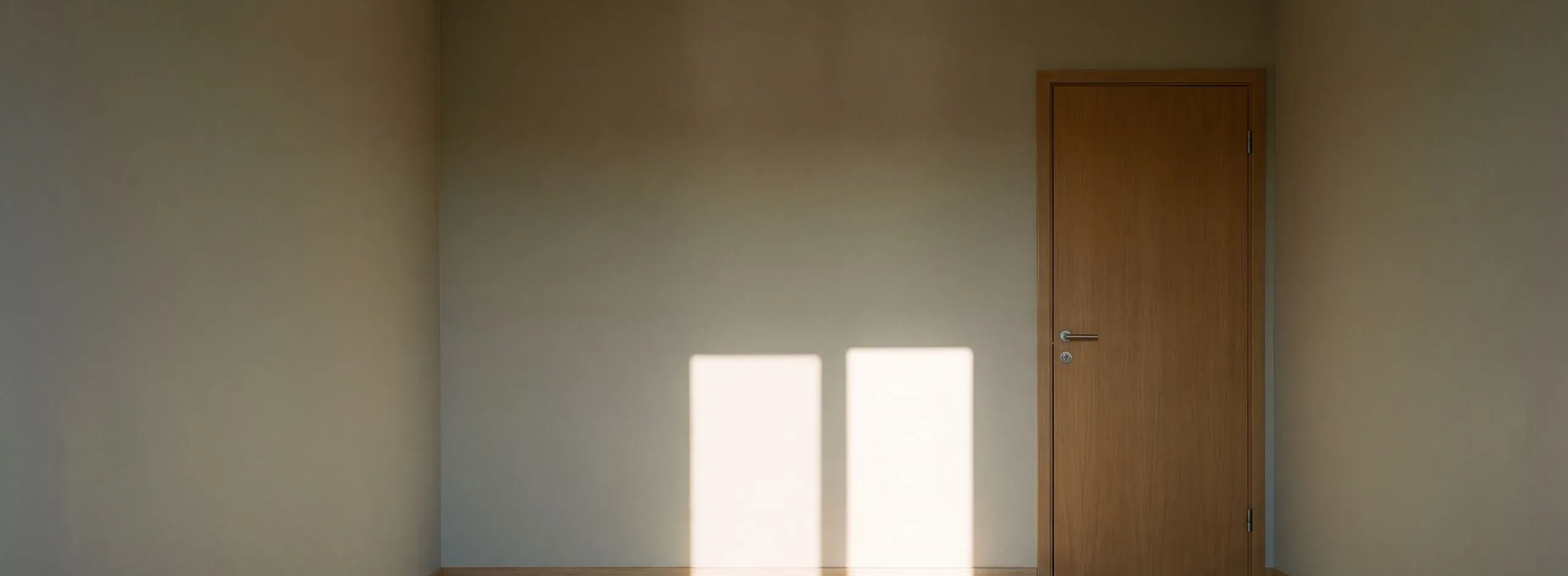 Leerer Raum mit geschlossener Tür und einem Lichtfeld auf der Wand