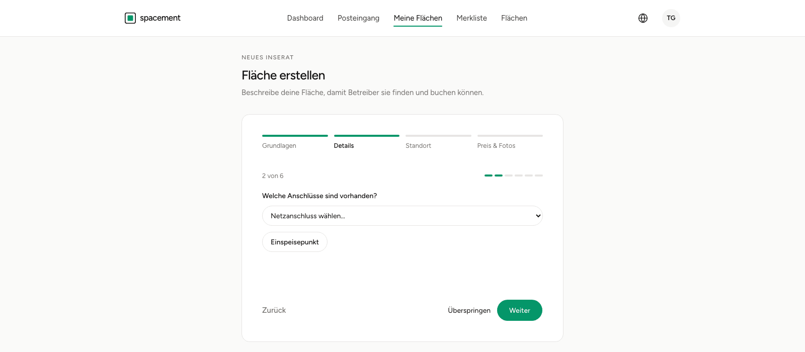 Der Schritt Details im Formular mit der Frage nach vorhandenen Anschlüssen und der Auswahl des Netzanschlusses