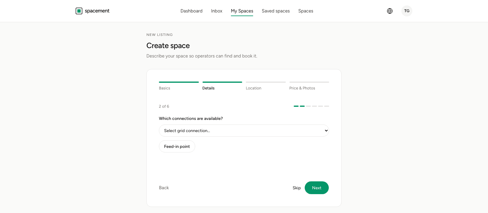 The Details step of the form asking which connections are present, with the grid connection selector