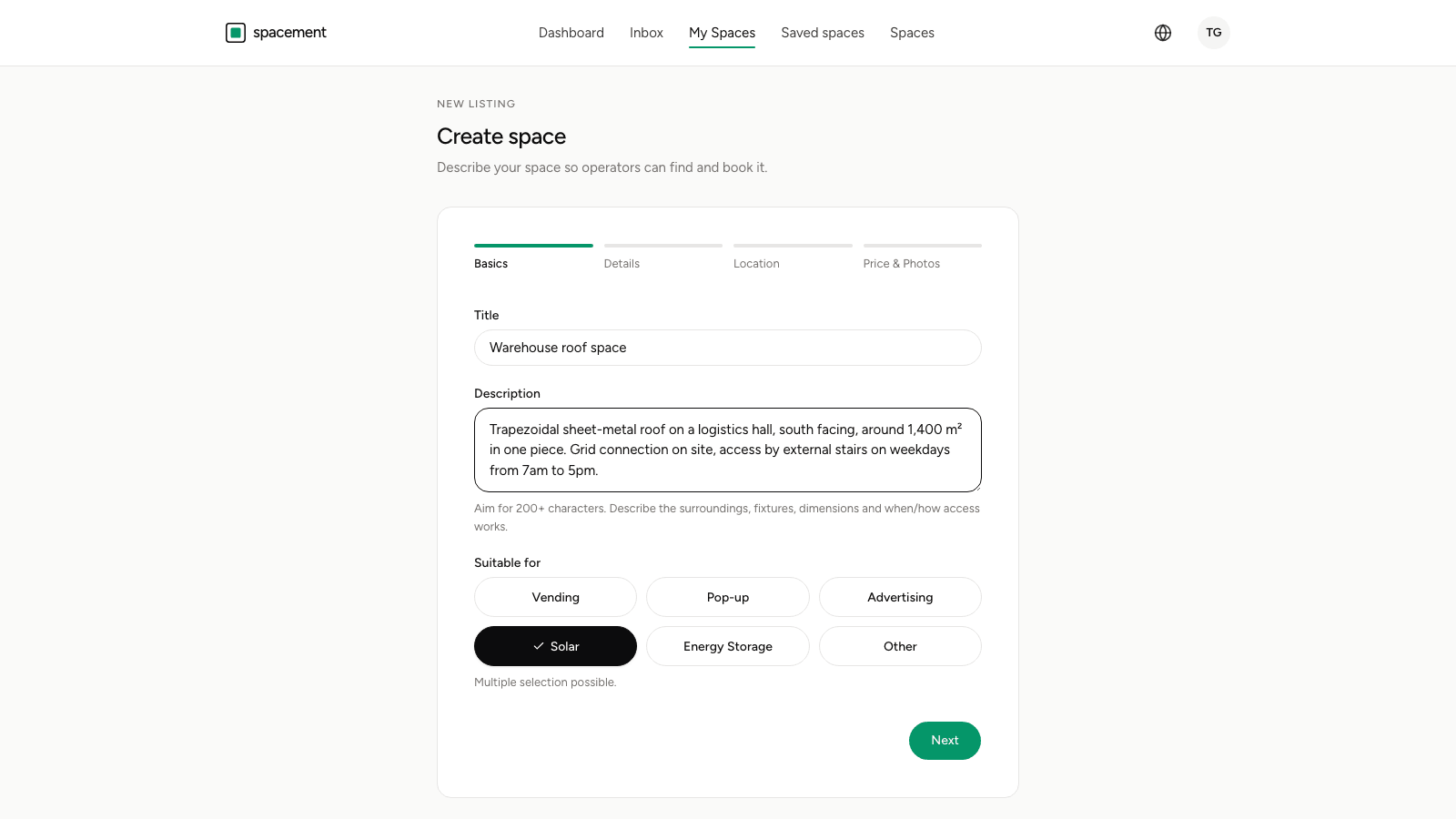 The first step of the form with the description field and the note suggesting at least 200 characters