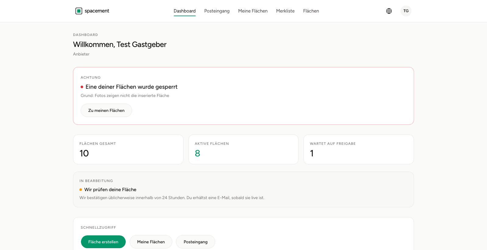 Das Dashboard eines Anbieters mit Zählern für Flächen gesamt, aktive Flächen und wartet auf Freigabe sowie Hinweisen zu Prüfung und Sperrung
