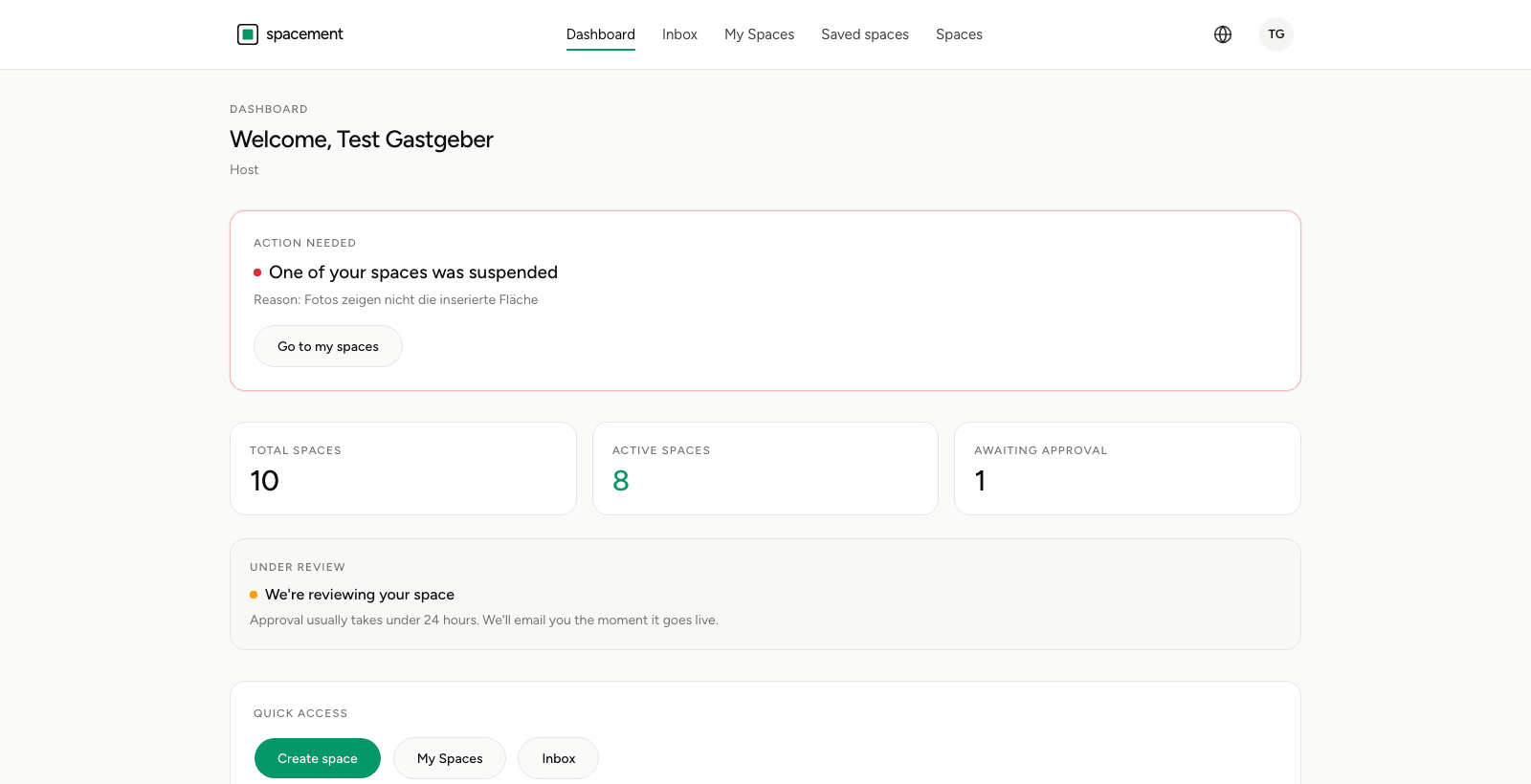A host dashboard with counters for total spaces, active spaces and awaiting approval, plus notices about review and suspension