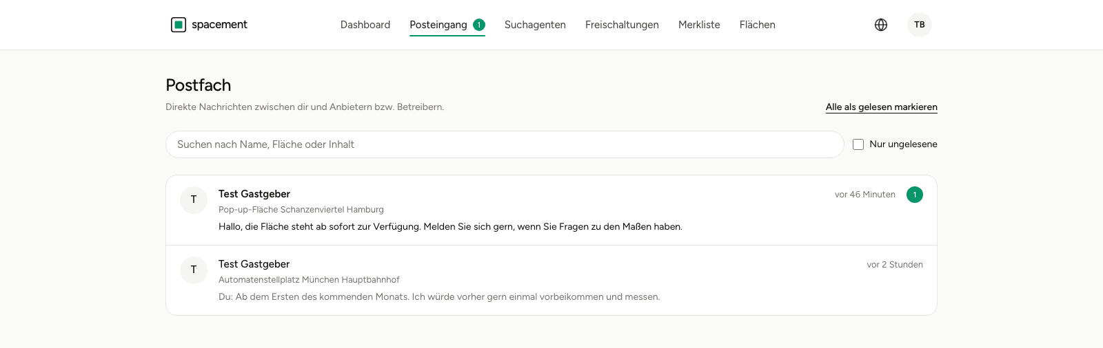Das Postfach mit Suchfeld, dem Schalter Nur ungelesene und zwei Unterhaltungen mit Vorschautext