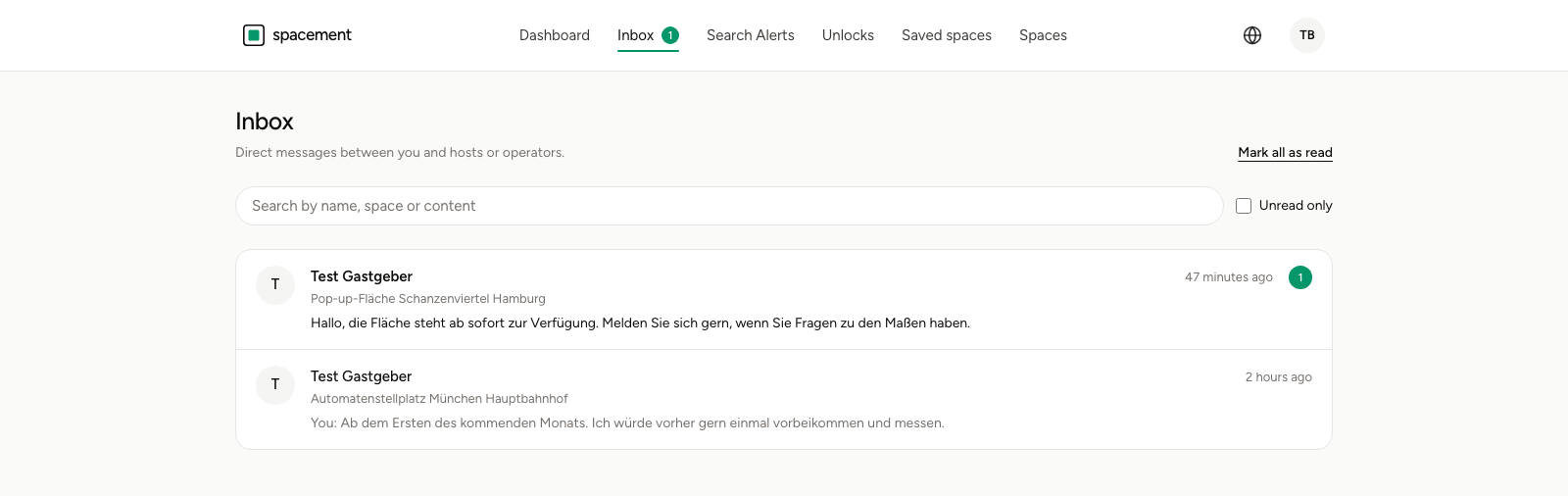 The inbox with its search field, the Unread only toggle and two conversations with preview text
