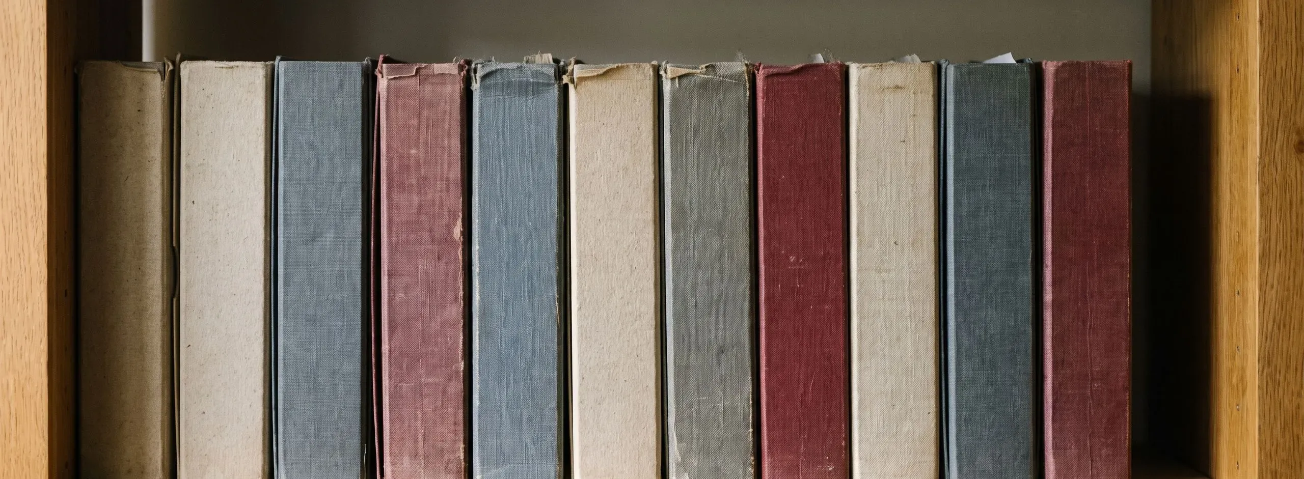 Reihe alter Bücher mit unbeschrifteten Leinenrücken in einem Holzregal