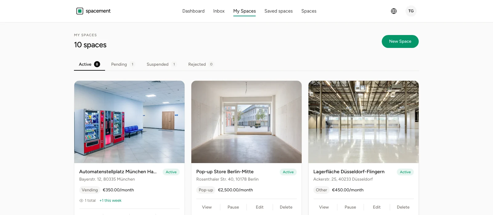 The My spaces overview with the Active, Pending, Suspended and Rejected tabs and cards showing a status tag, address, price and the four actions