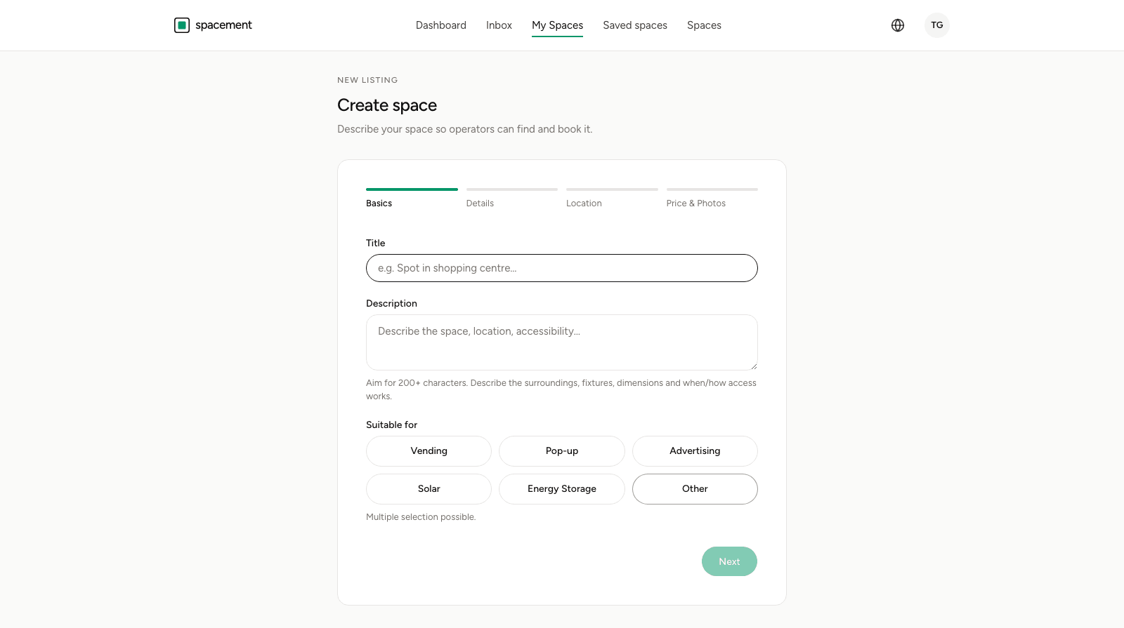 The first step of the form with its progress indicator, title and description fields, and the multiple choice of use types