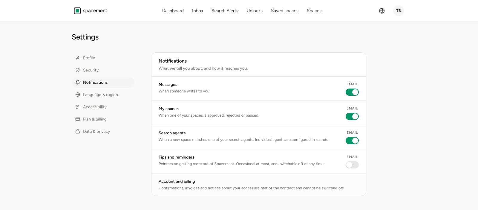 The notification settings showing the five categories with an email switch for each