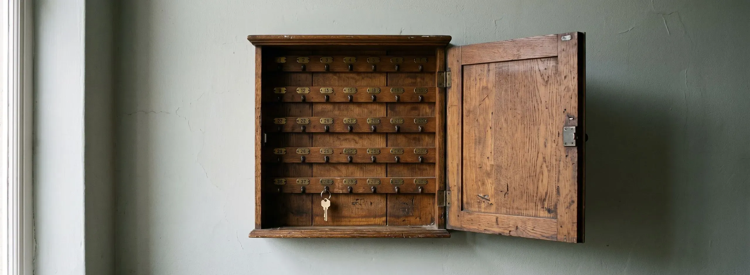 Offener Schlüsselschrank aus Holz mit nummerierten Haken, an einem hängt ein Schlüssel