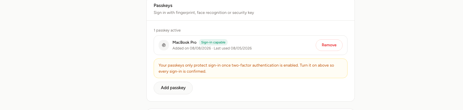 The passkey section of the security settings with one registered passkey, the Login-capable tag and the note about two-factor authentication