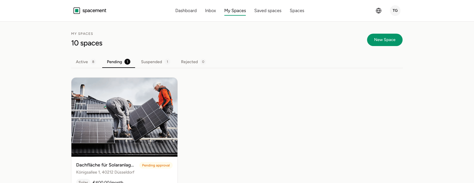 The Pending tab under My spaces with a listing carrying the Pending approval tag
