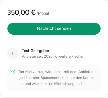 Die Preisbox einer Fläche mit Monatspreis, Nachricht-senden-Knopf und dem Hinweis, dass der Mietvertrag direkt mit dem Anbieter geschlossen wird