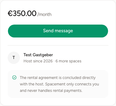 The price box on a listing with the monthly price, the send message button and the note that the rental contract is concluded directly with the host