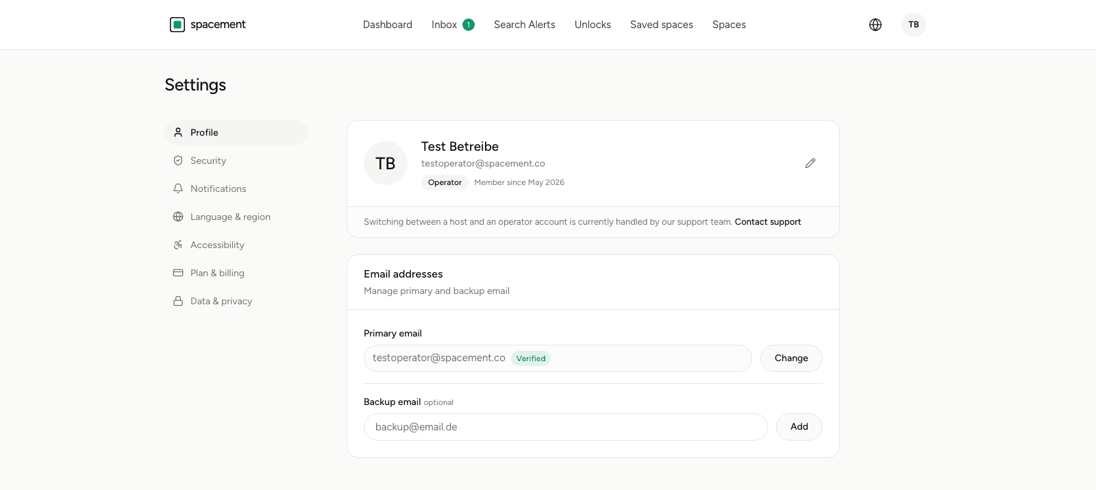 The profile page in settings with name, role, member since date and the section for primary and backup email addresses