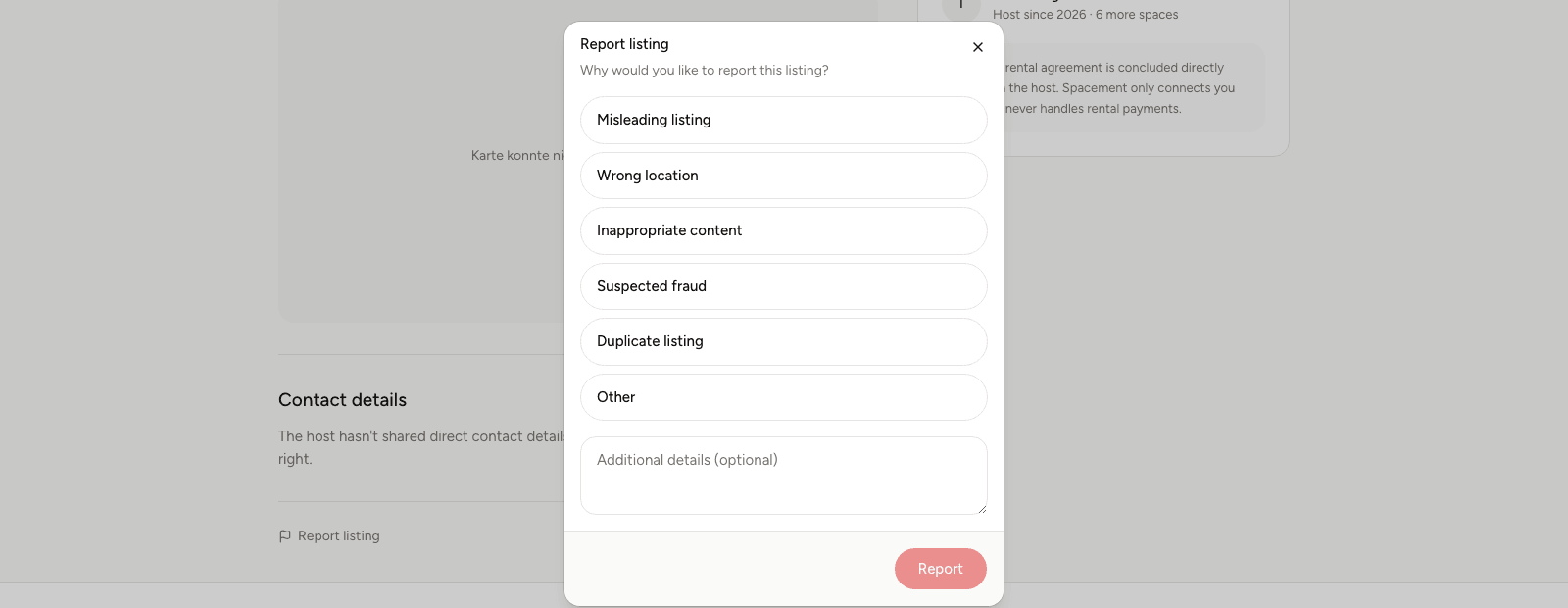 The Report listing dialog with the six reasons to choose from and a field for further details