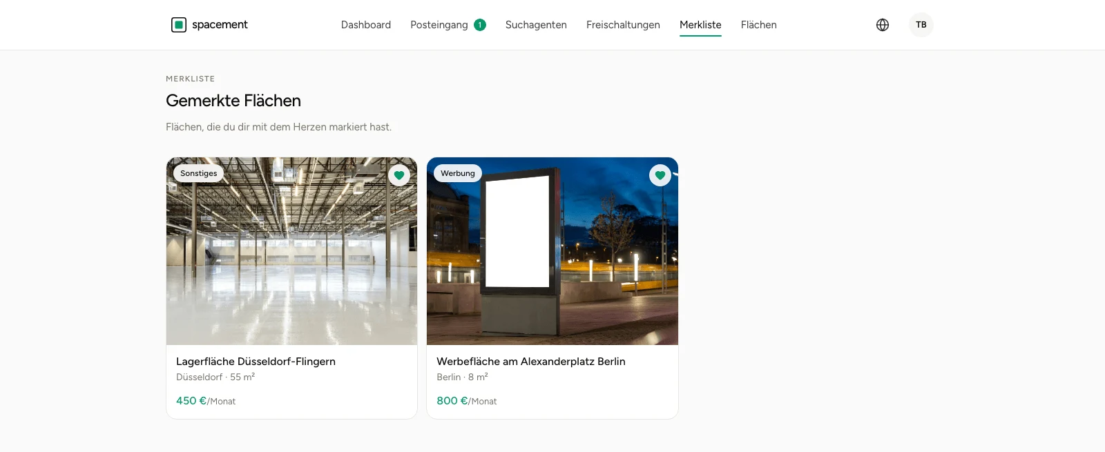 Die Merkliste mit zwei gemerkten Flächen als Karten mit Foto, Ort, Größe und Preis