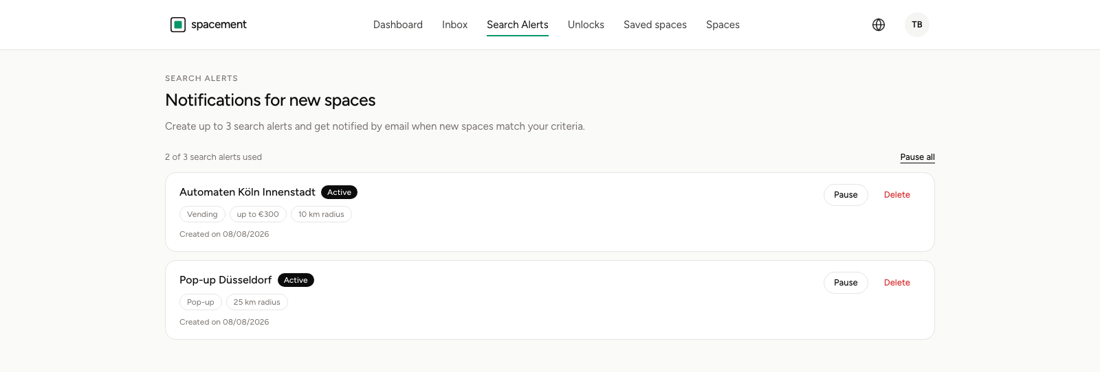 The Search agents overview with two active agents, their filters shown as tags, and Pause and Delete buttons