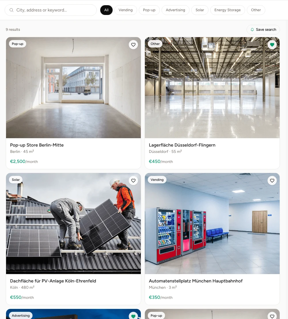 The space search with its search field, use-type filters and the result list as cards showing photo, city, size and monthly price