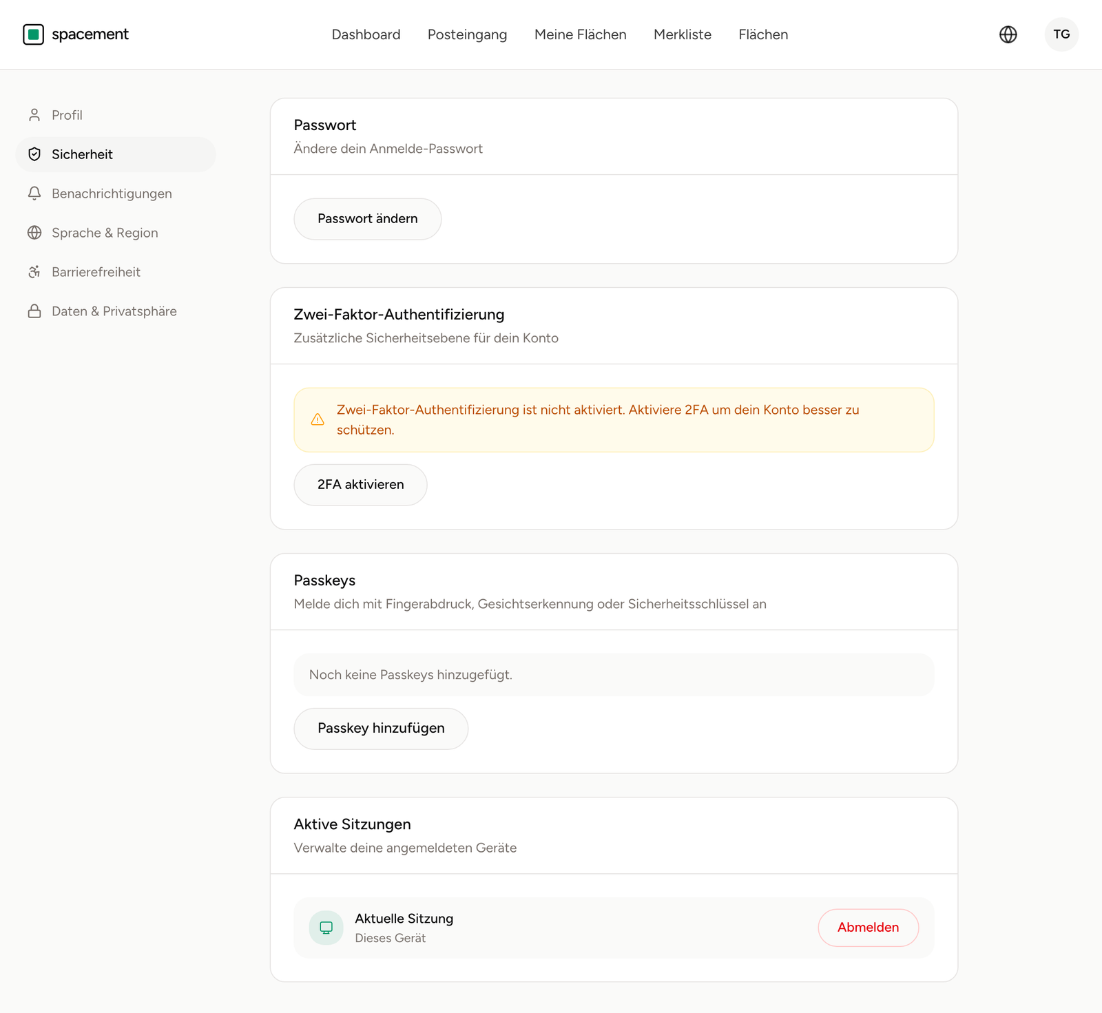 Die Sicherheitseinstellungen mit den Bereichen Passwort, Zwei-Faktor-Authentifizierung und Passkeys