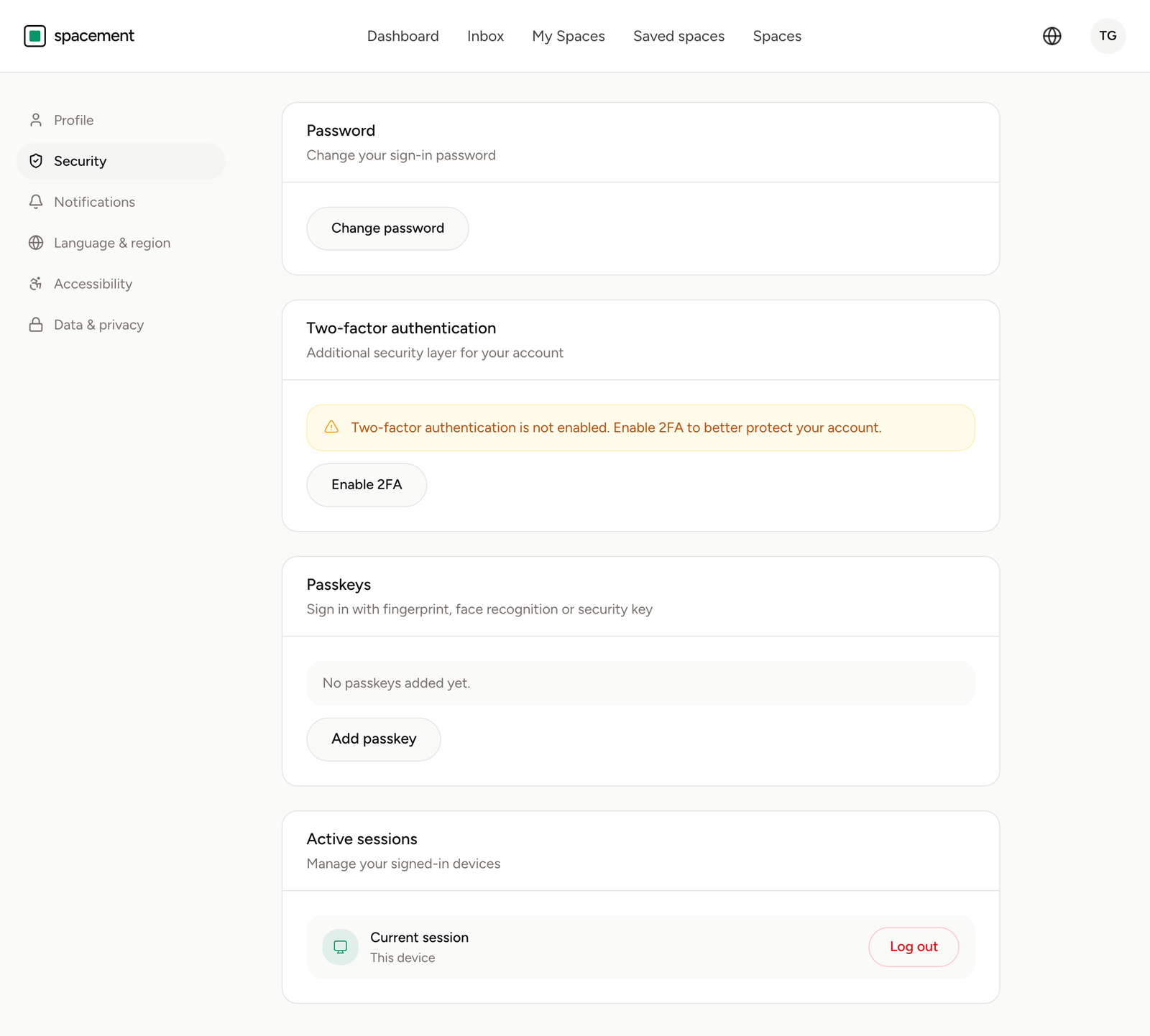 The security settings showing the password, two-factor authentication and passkey sections