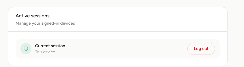 The Active sessions area of the security settings showing the current session and the sign-out button